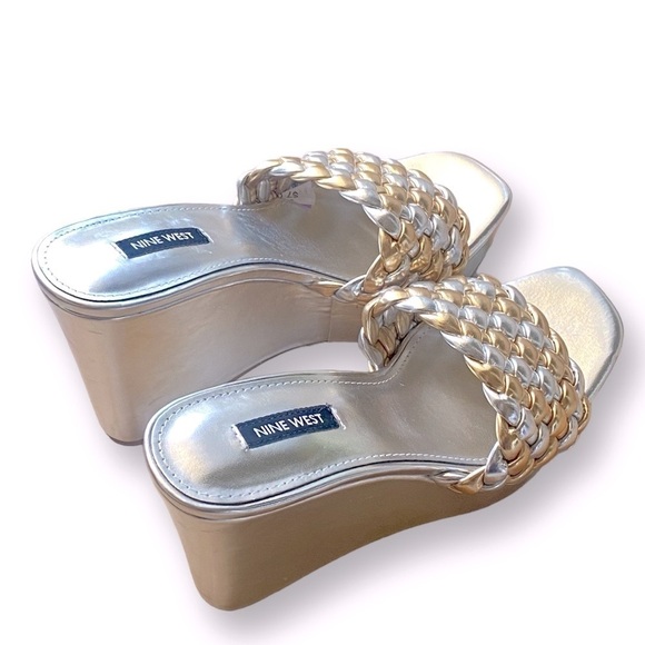 NINE WEST KAT 3 Metallic Silver & Gold Basketweave 4.5” Wedge NWOT Size … - Picture 6 of 11